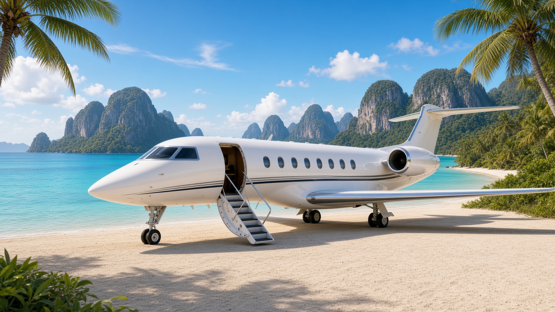 Private jet on a white sand beach in the Philippines